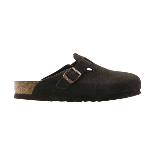 Dark suede clog with adjustable buckle strap and cork heel cup