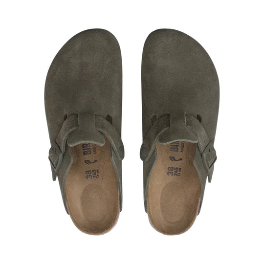 Pair of taupe suede clogs with adjustable heel straps, top view