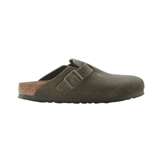 Taupe suede clog with a buckle strap and cork footbed
