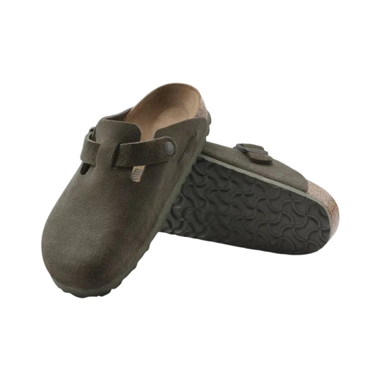 Brown suede clogs with adjustable strap and contoured cork footbed, shown from top and sole views