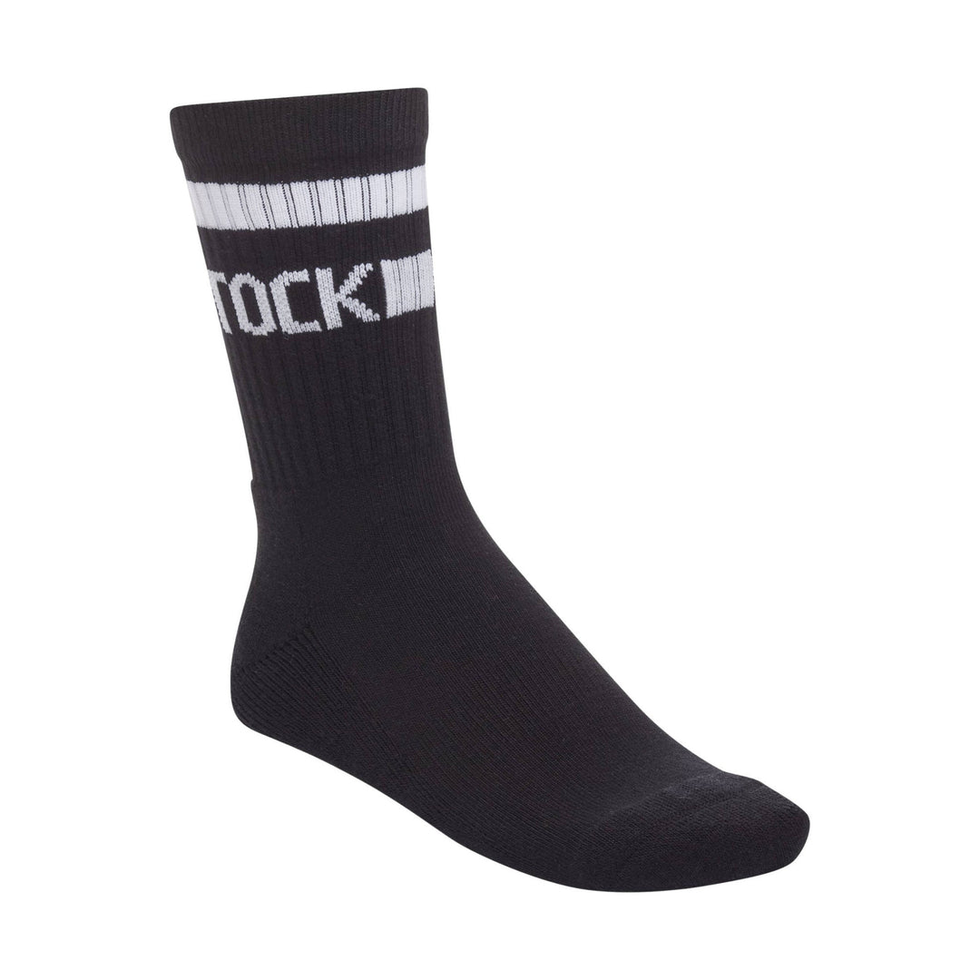 Black crew sock with white stripes and partially visible white text on the cuff