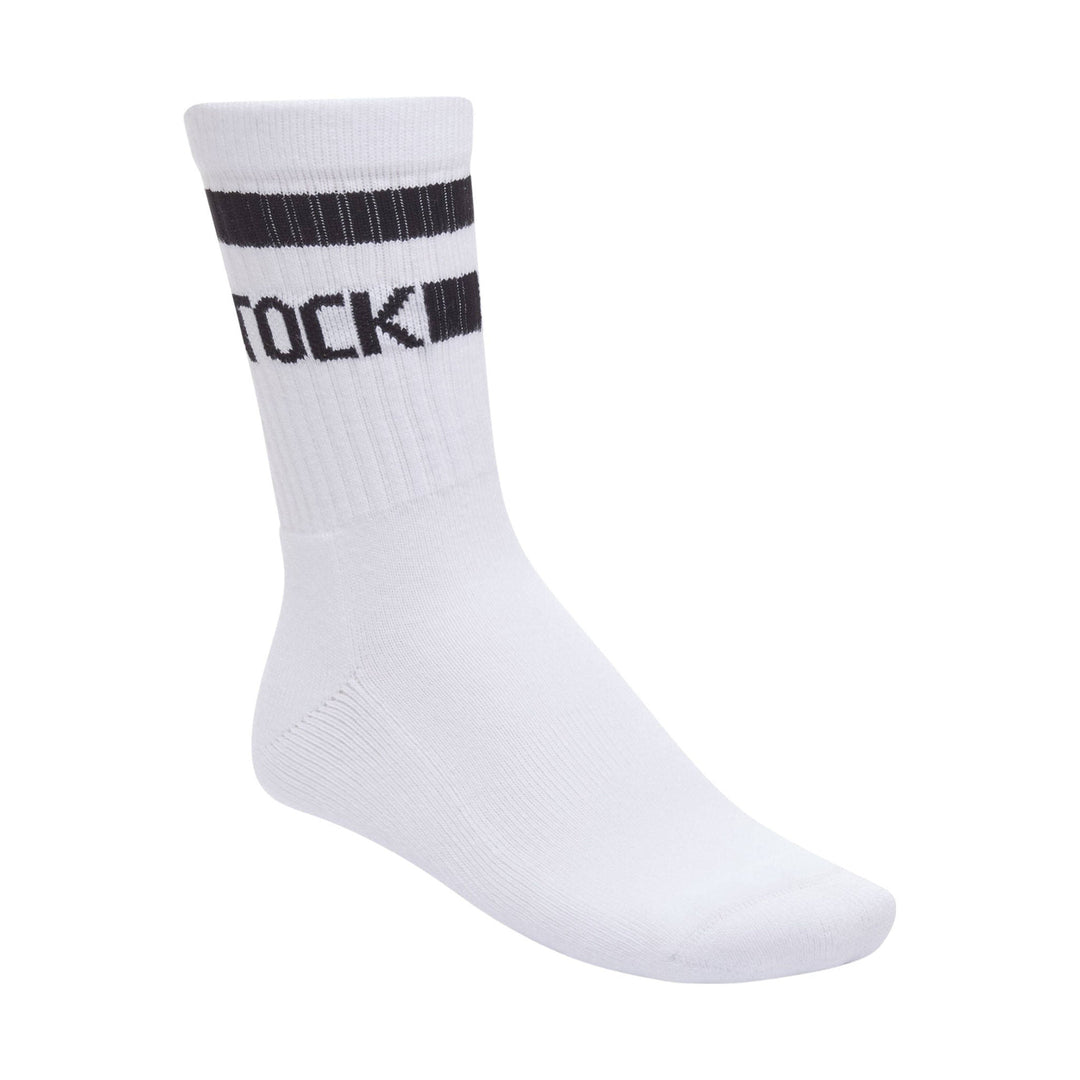 White crew sock with black horizontal stripes and partial black text near the cuff