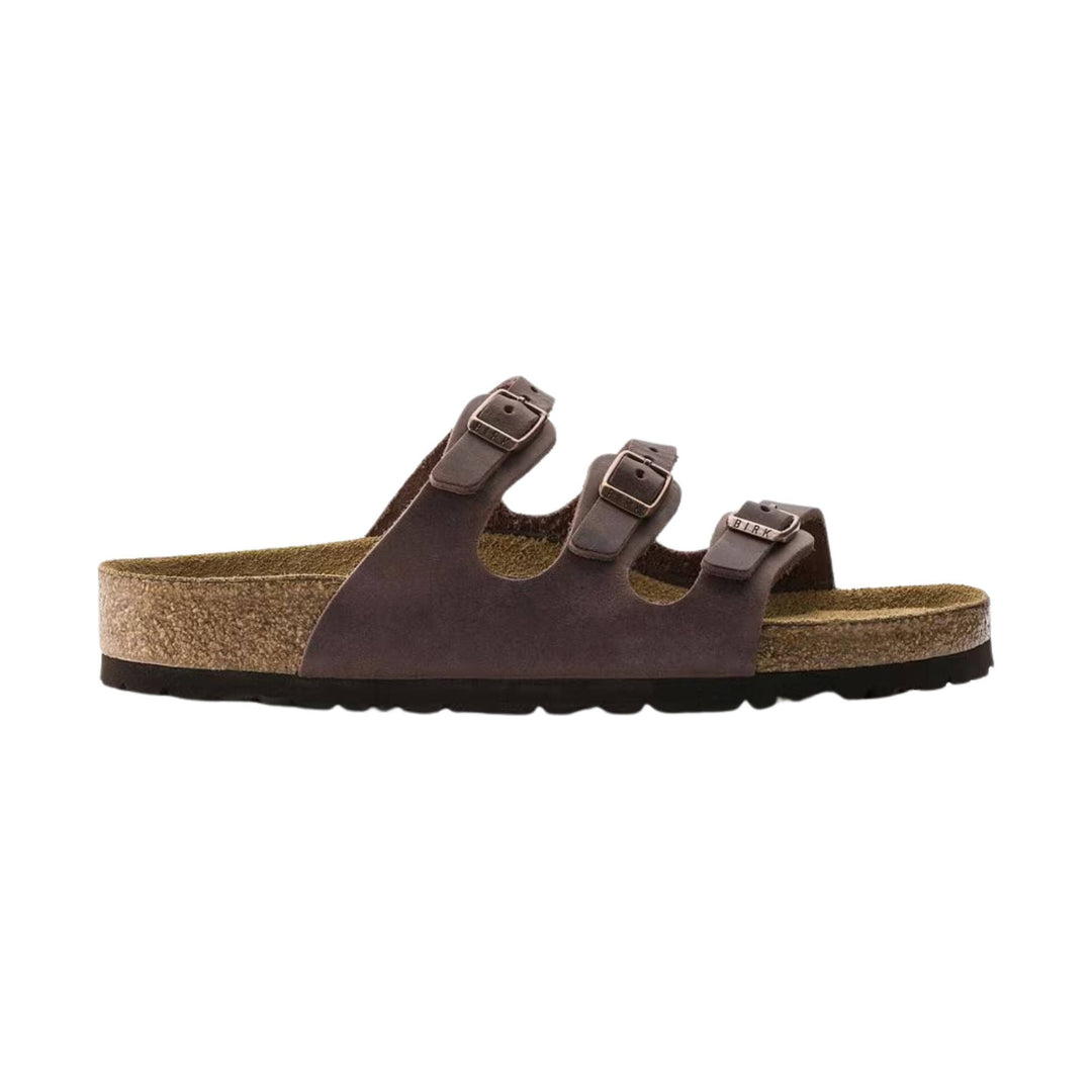 Brown three-strap cork footbed sandal with buckles