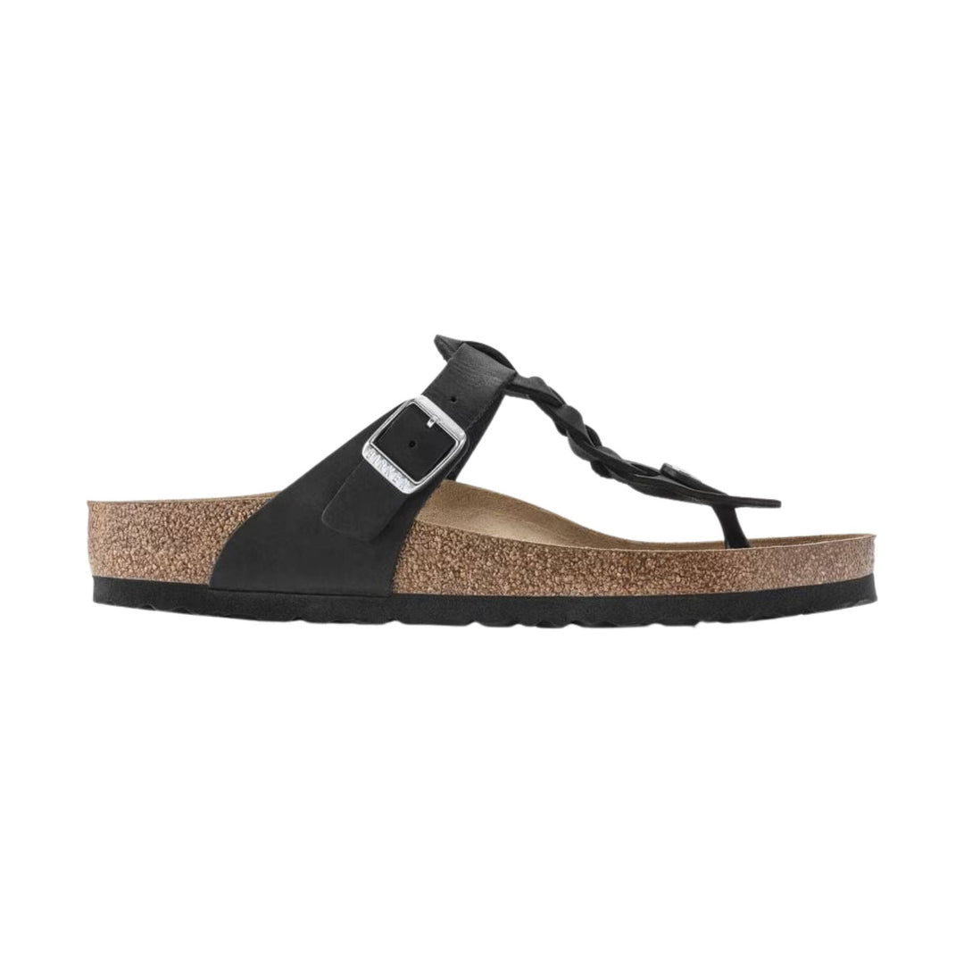 Black toe-post sandal with braided strap and cork footbed