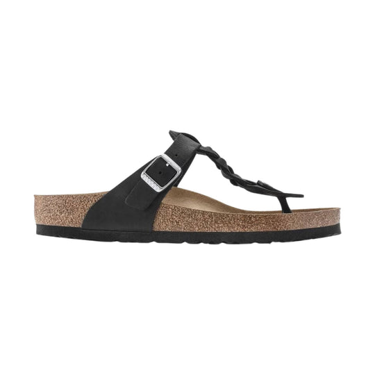 Black toe-post sandal with braided strap and cork footbed