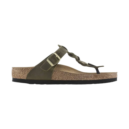 Olive and tan thong sandal with braided strap, buckled top strap, and cork footbed