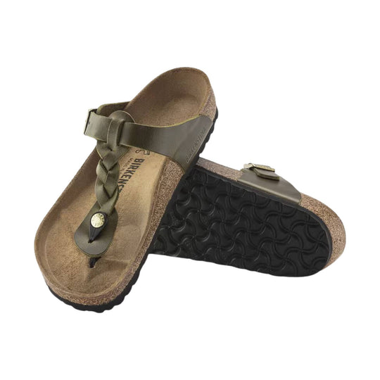 Olive thong sandals with braided toe post, cork footbed, and black treaded soles