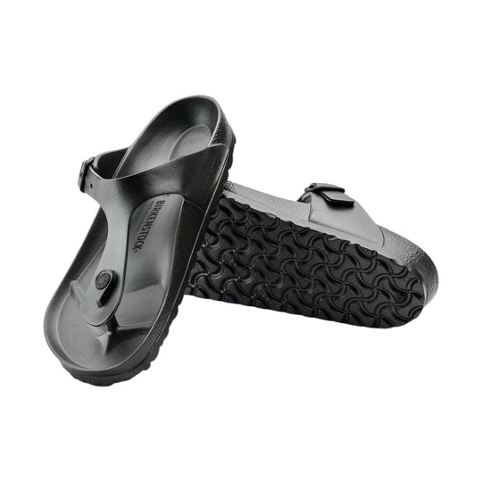 Black and gray thong sandal with contoured footbed and treaded sole