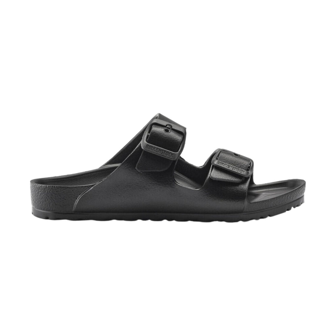 Black double-strap slide sandal with contoured footbed and buckled straps