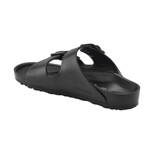 Black two-strap slide sandal with contoured footbed and molded sole
