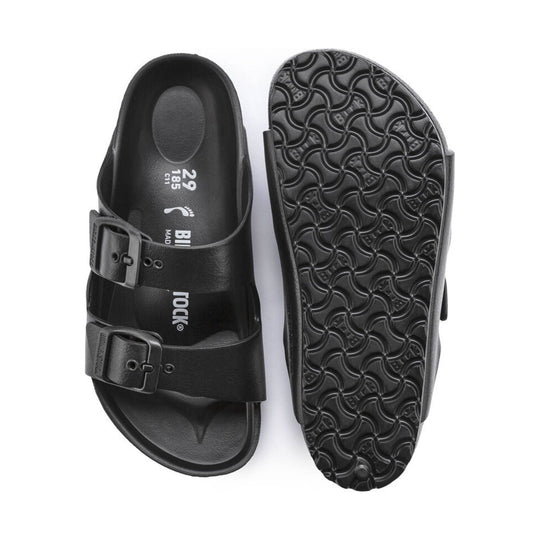 Black two-strap sandal with buckles, shown top and sole views