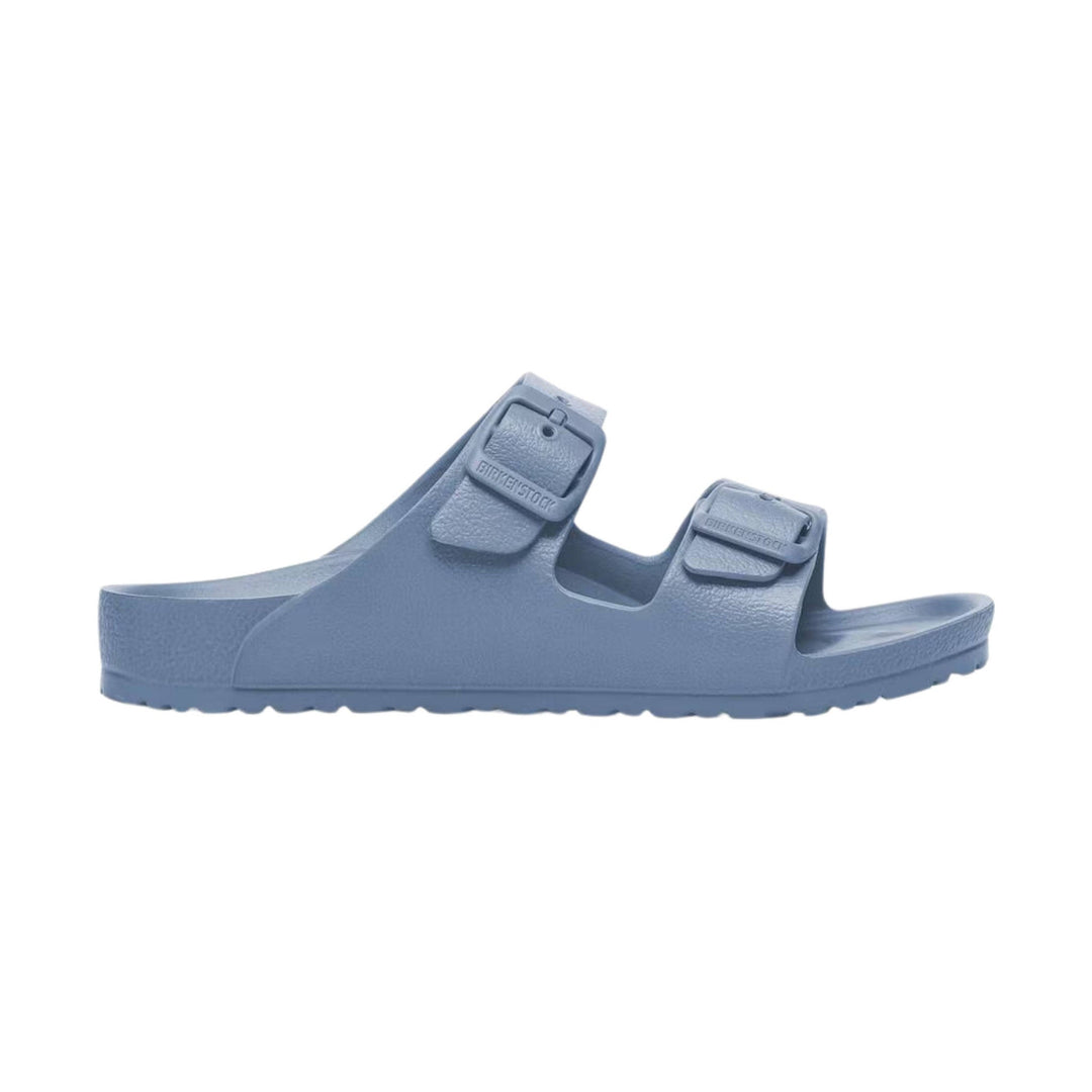 Blue molded two-strap slide sandal with adjustable buckles and contoured footbed