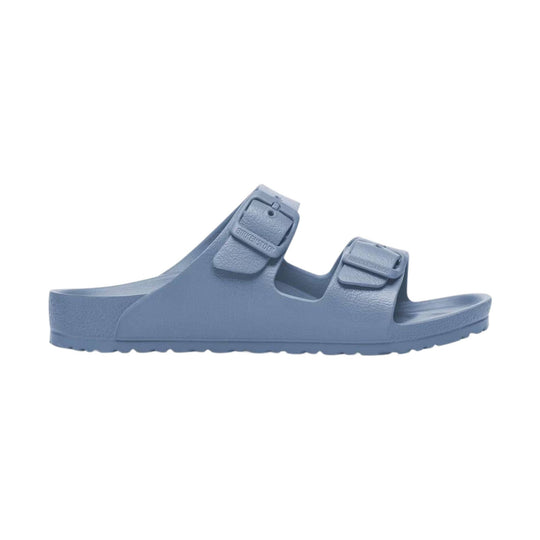 Blue molded two-strap slide sandal with adjustable buckles and contoured footbed
