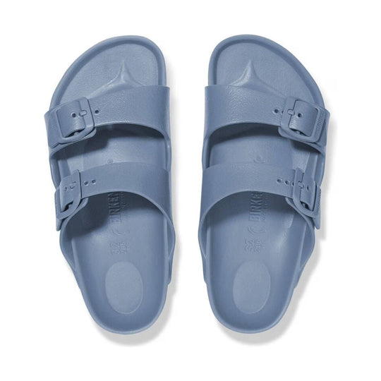 Blue two-strap sandals with buckles, shown pair from above