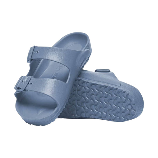 Blue two-strap kids' sandal with buckle closures and textured footbed