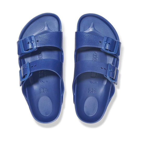 Pair of blue double-strap EVA sandals with buckles, shown from above