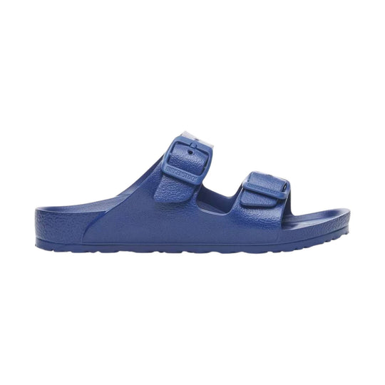 Blue molded double-strap sandal with adjustable buckles and textured footbed