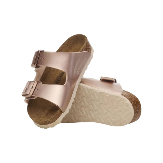 Rose-gold two-strap sandal with buckles and cork footbed