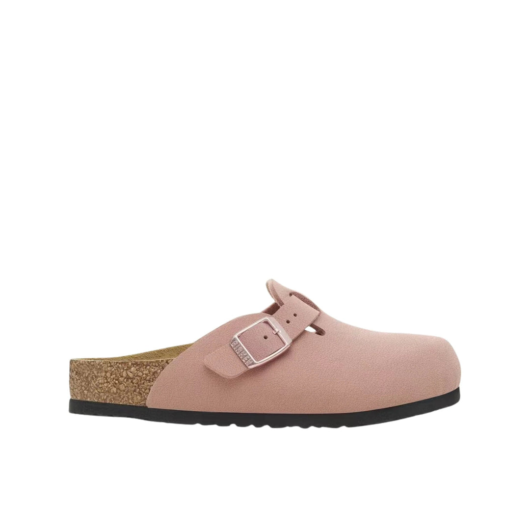 Pink clog-style sandal with a buckle strap, cork footbed, and black sole