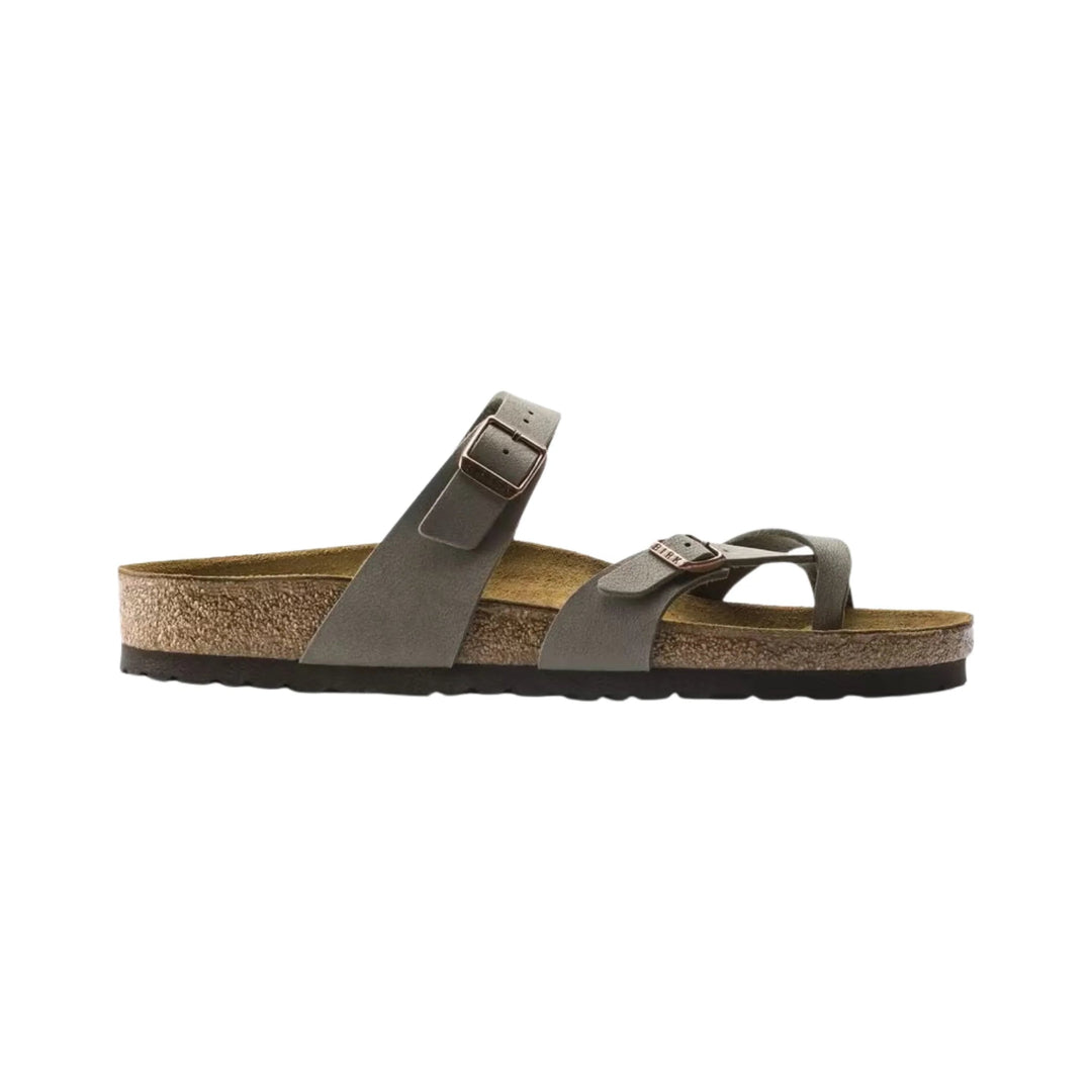 Taupe two-strap cork footbed sandal with buckles and toe loop, side view