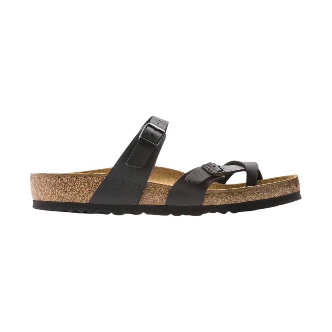 Black two-strap cork footbed sandal with buckles