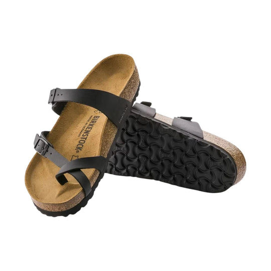 Black strappy sandal with cork footbed shown from top and sole views
