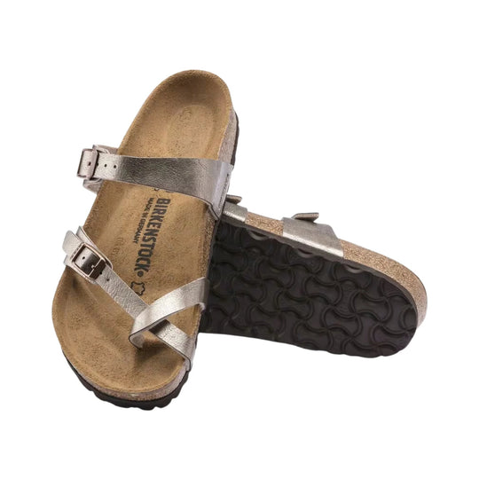 Silver two-strap sandal with buckles and cork footbed