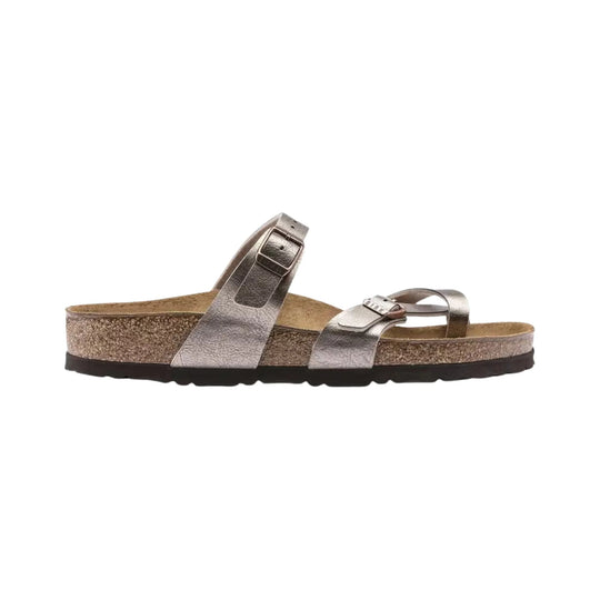 Metallic two-strap cork footbed sandal with buckles