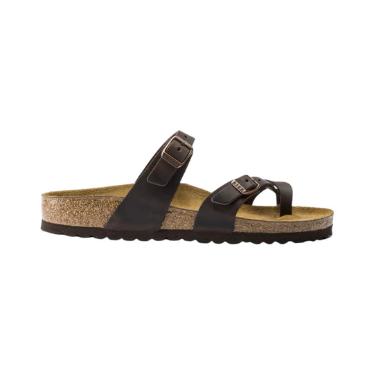 Brown leather two-strap sandal with cork footbed and buckled straps, shown in side view