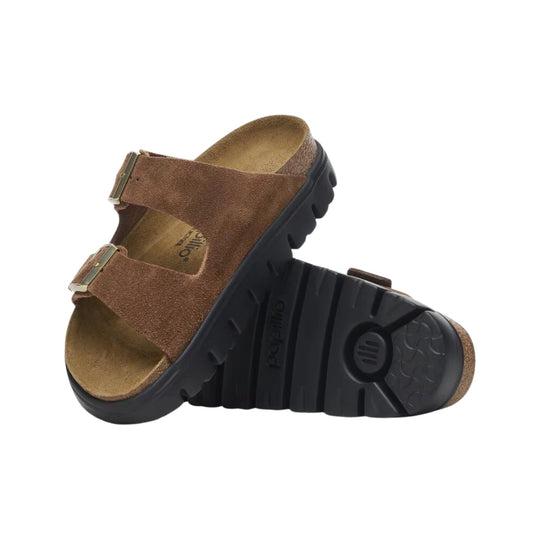 Brown suede two-strap sandal with black chunky sole and metal buckles
