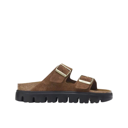 Brown suede double-strap sandal with a black chunky sole and metal buckles