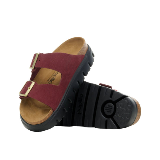 Maroon suede double-strap sandal with gold buckles and black chunky sole