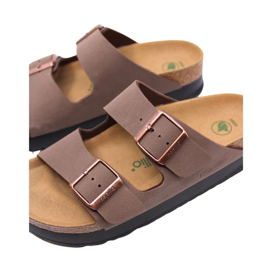 Brown double-strap cork footbed sandal with bronze buckles