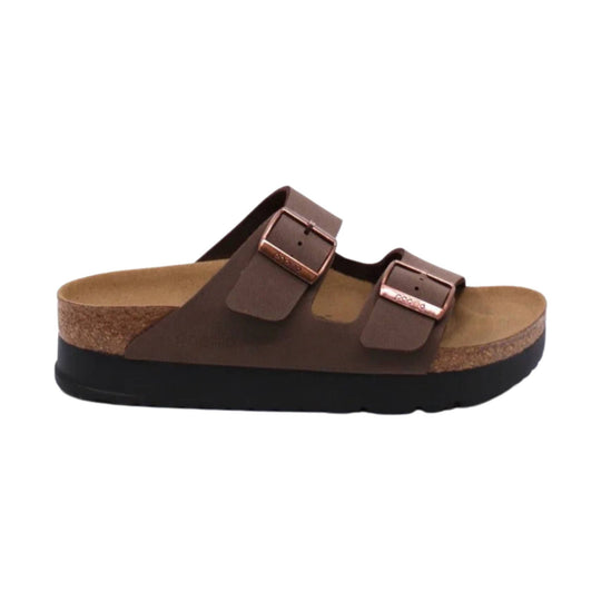 Brown double-strap platform slide sandal with cork midsole and black sole