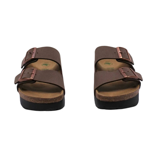 Brown two-strap cork-footbed sandals with double buckles, shown in a pair on a white background