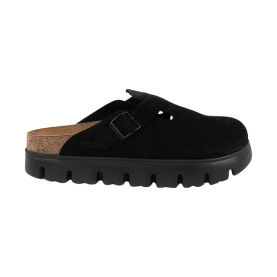 Black suede clog with buckle strap, cork footbed, and thick lug sole