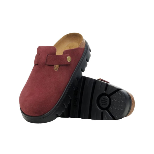 Maroon suede clog with a black chunky sole and cork footbed, shown in side and sole views