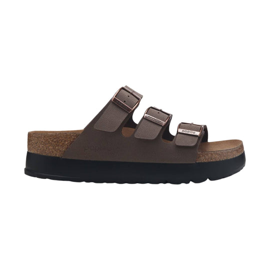 Brown triple-strap platform sandal with cork footbed and black sole