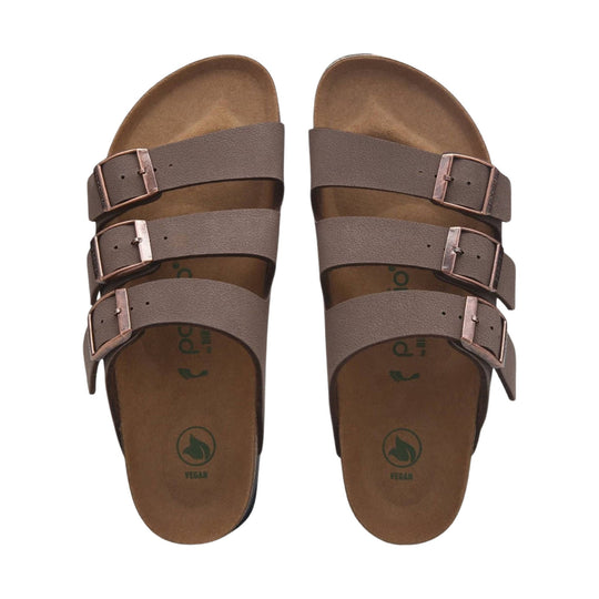 Pair of brown three-strap sandals with buckles, shown from above
