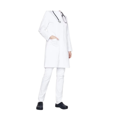 White long-sleeve medical coat with matching white pants and black clogs, shown on a standing model