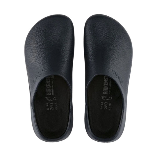 Pair of black molded clogs with closed toes and slip-on openings, shown from above