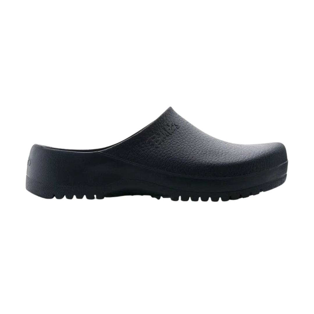 Black slip-on clog with textured upper and thick lugged sole
