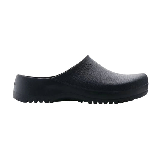 Black slip-on clog with textured upper and thick lugged sole