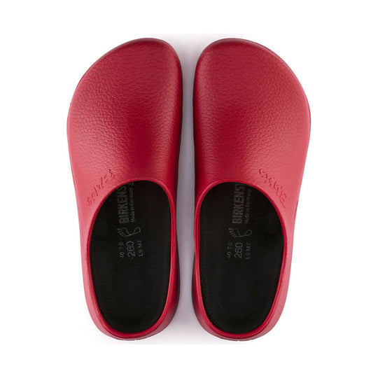 Pair of red closed-back clogs shown from above on a white background
