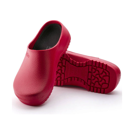 Red molded clog with textured upper and treaded sole, shown in a front-and-bottom view