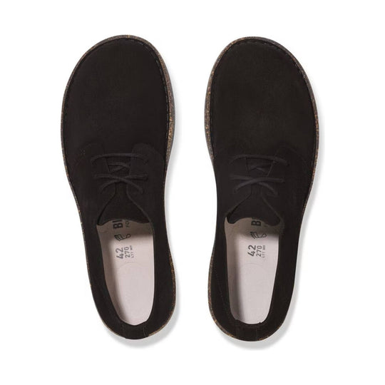 Pair of black lace-up shoes viewed from above, with size markings visible inside
