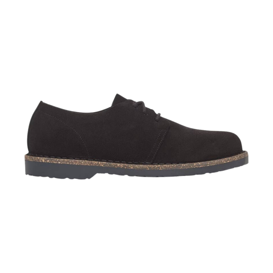 Black suede lace-up derby shoe with a cork midsole and dark rubber outsole