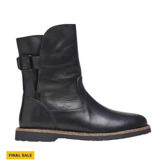 Black leather ankle boot with side buckle and cork-trimmed sole, labeled FINAL SALE
