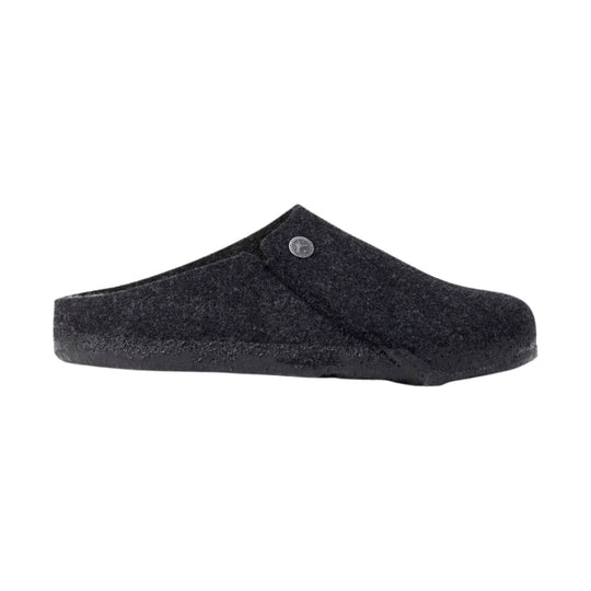 Dark felt clog with an adjustable heel strap and single button detail
