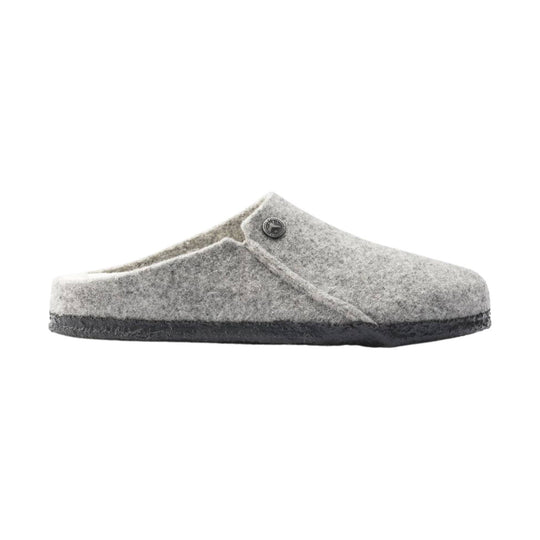 Light gray felt clog with a dark sole and side button detail